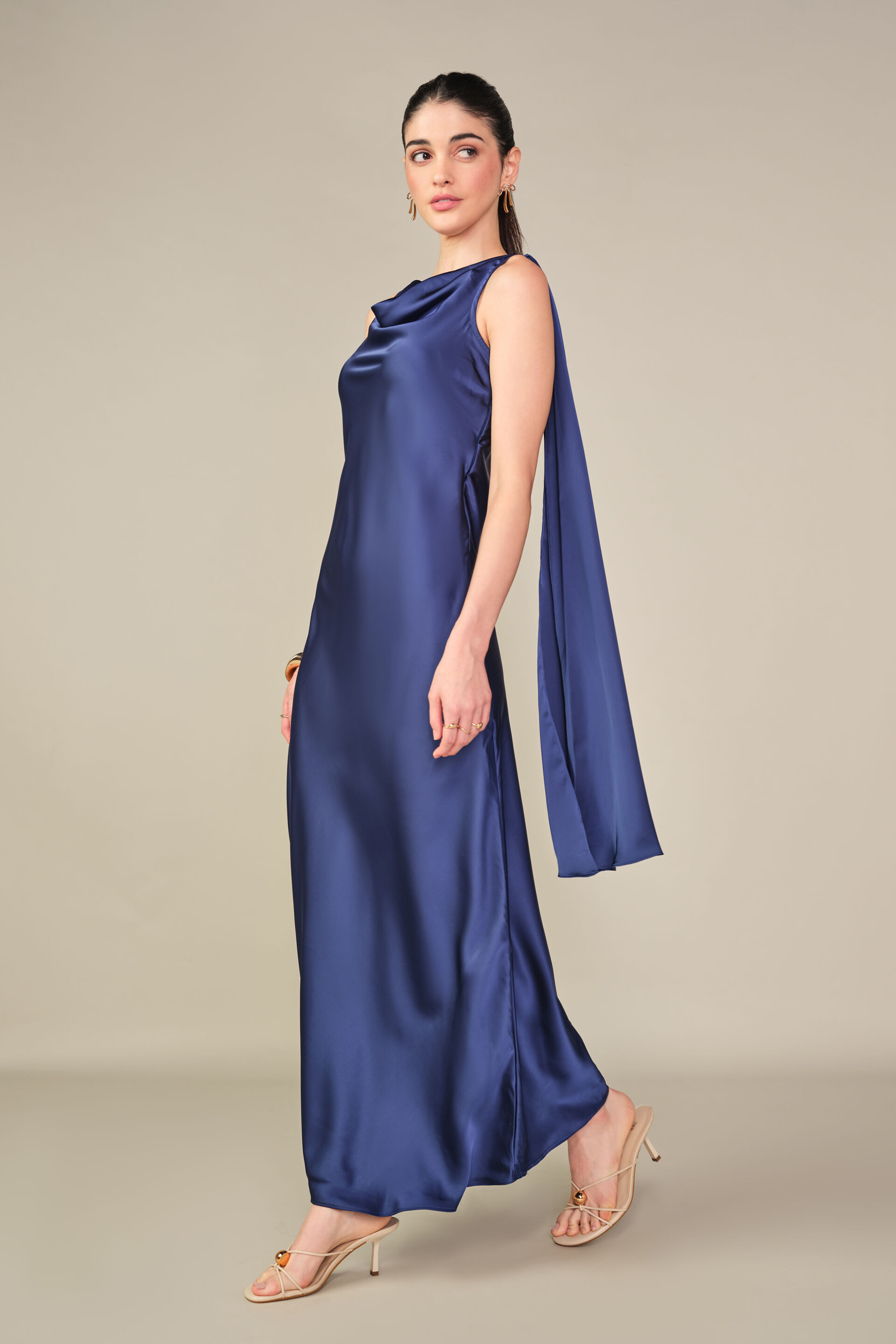 Cowl Satin Gown in Navy, Navy, image 4